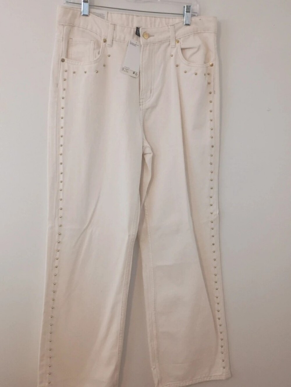 NWT H&M High Waisted Cream Colored Gold Studded Wide Leg Jeans